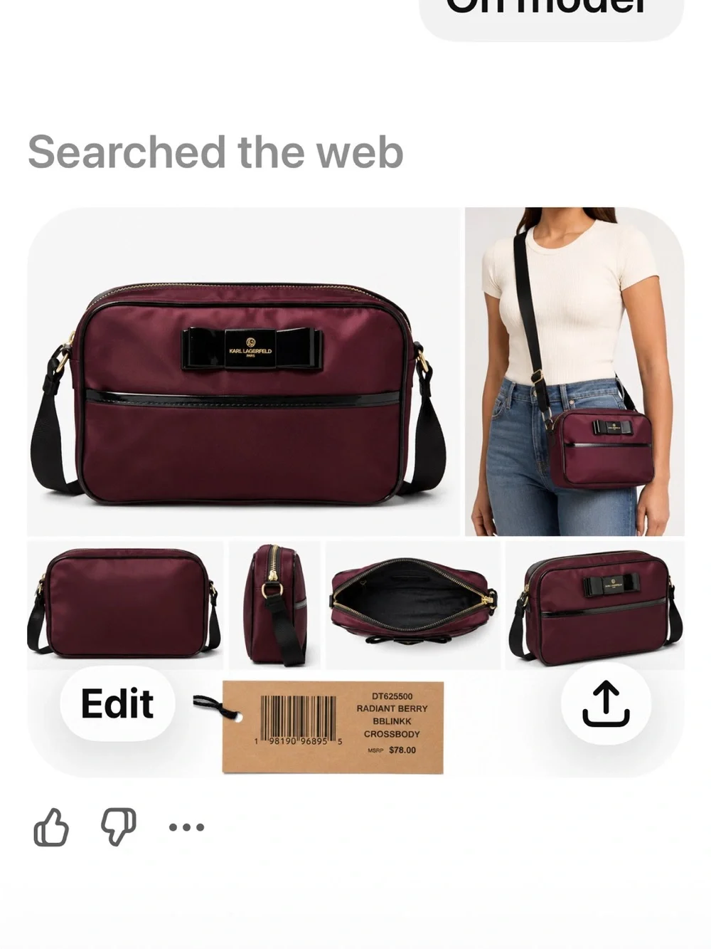 Karl Lagerfeld Burgundy Crossbody with Black Patent Bow - Picture 3 of 4